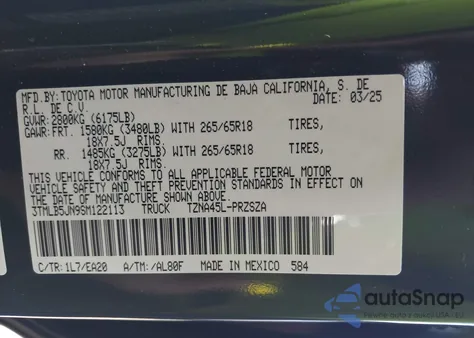 2025 Toyota Tacoma Trd Sport 4Wd из США, поврежденный, VIN 3TMLB5JN9SM122113